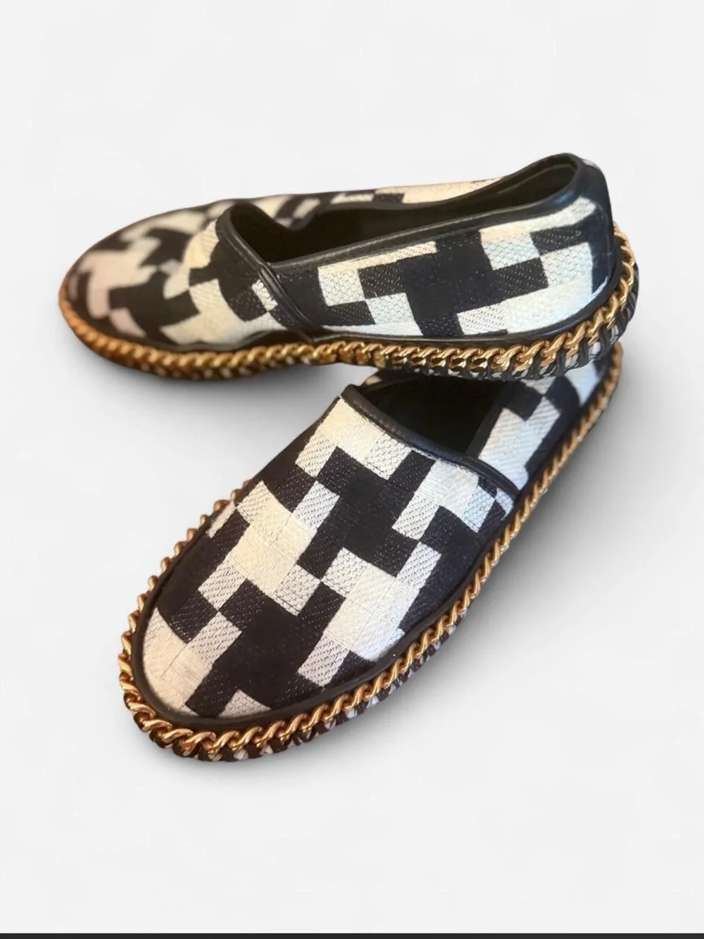Versace Black and White Chain-Trim Slip-On Flats